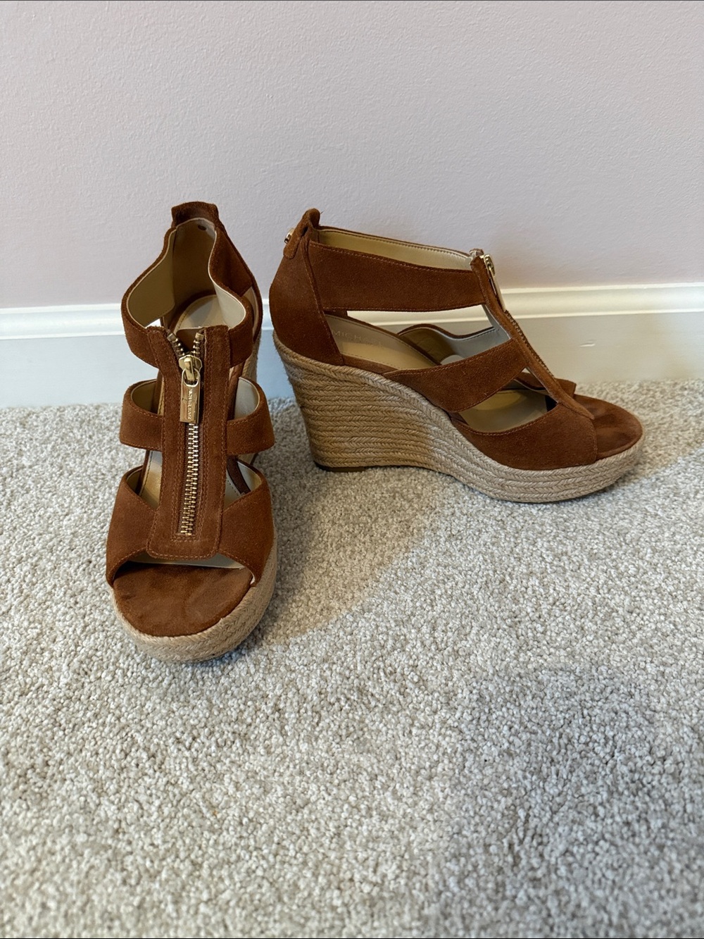 Michael Kors Brown Suede Wedge Sandals with Front Zip